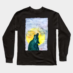 Howling wolf silhouette moon gallaxy watecolour illustration Long Sleeve T-Shirt